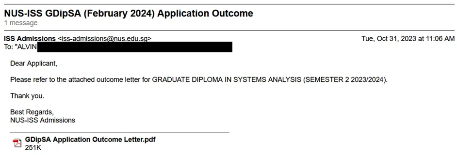 Alvin's GDipSA application outcome